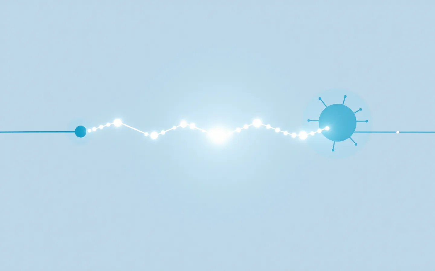 Abstract cool blue-gray 39-node peptide chain docking two receptor pockets simultaneously with link-blue connectors and one cursor-cyan active node on a cool near-white grid canvas